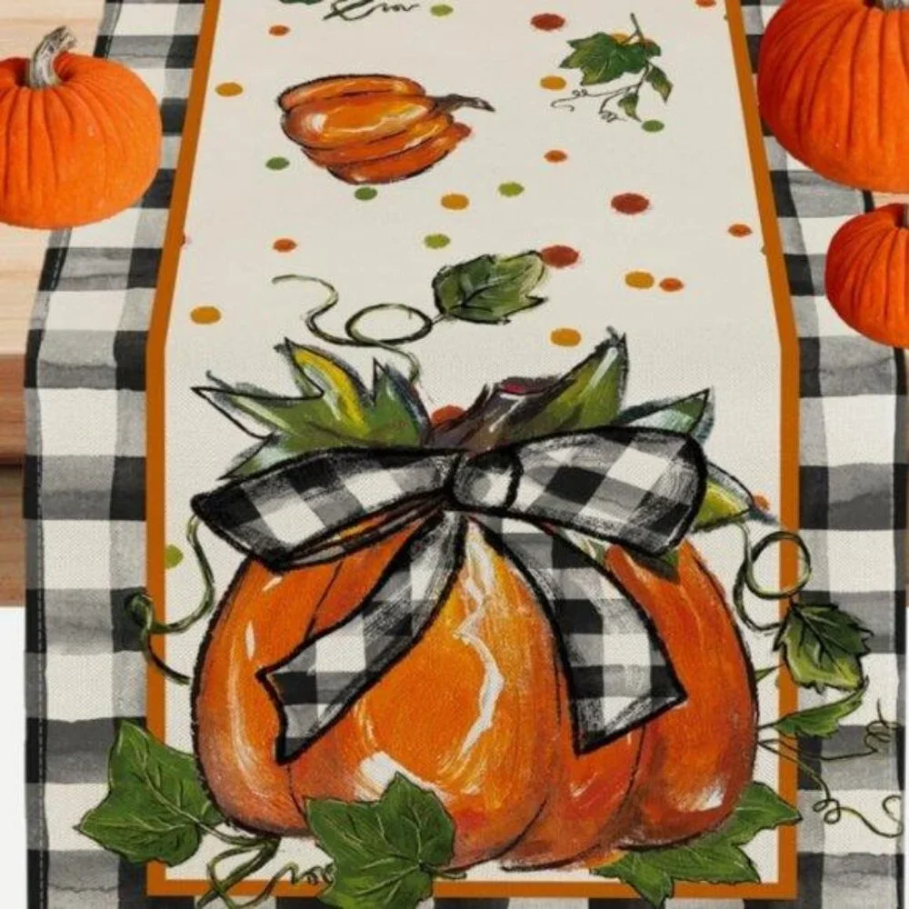 Pumpkin Table Runner Plaid Decorative Cloth Fall Thanksgiving Decor Orange 13x60